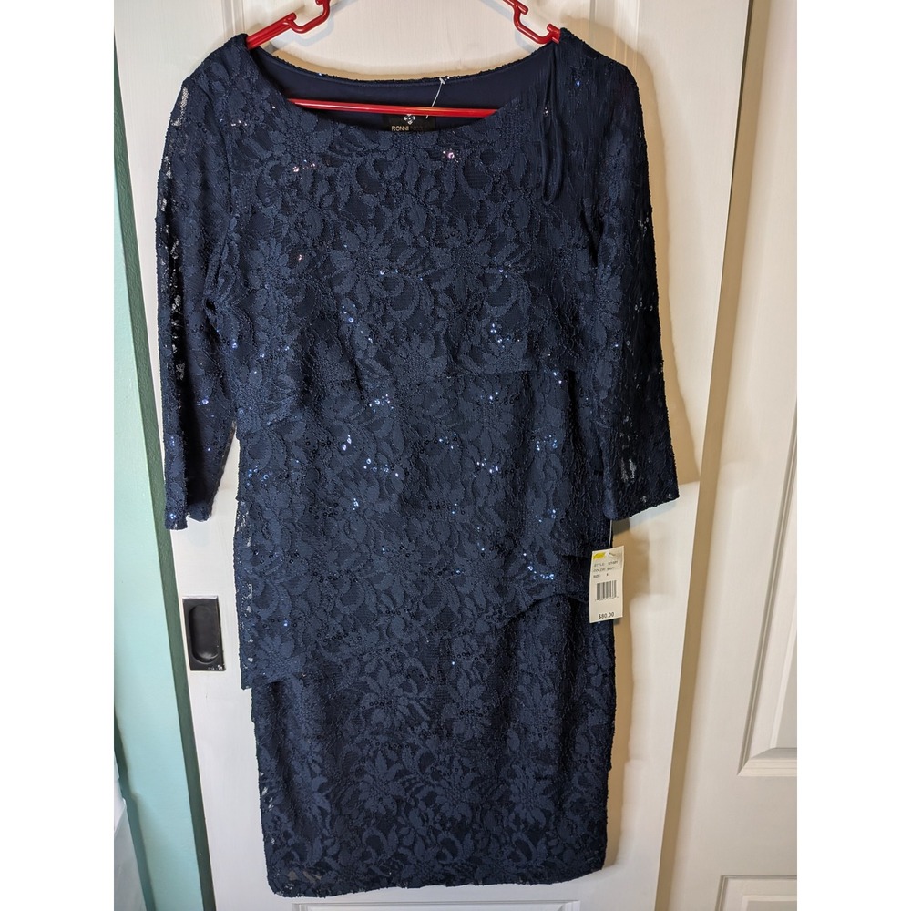 Ronni Nicole Navy Blue Sequin Lace Tiered Cocktail Dress 6 NWT 121501 3/4 Sleeve